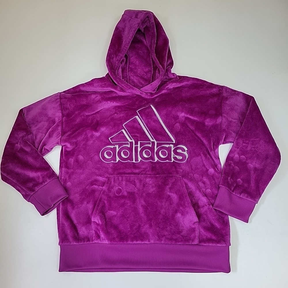 Adidas Girls Faux Fur Hoodie Sweatshirt Purple Size Large (14) Buttery Soft Warm